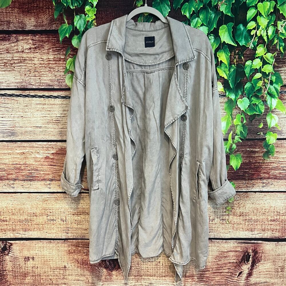 Promod Draped Trench Coat Jacket L/XL Soft Slouchy Military Collared Grey Pocket
